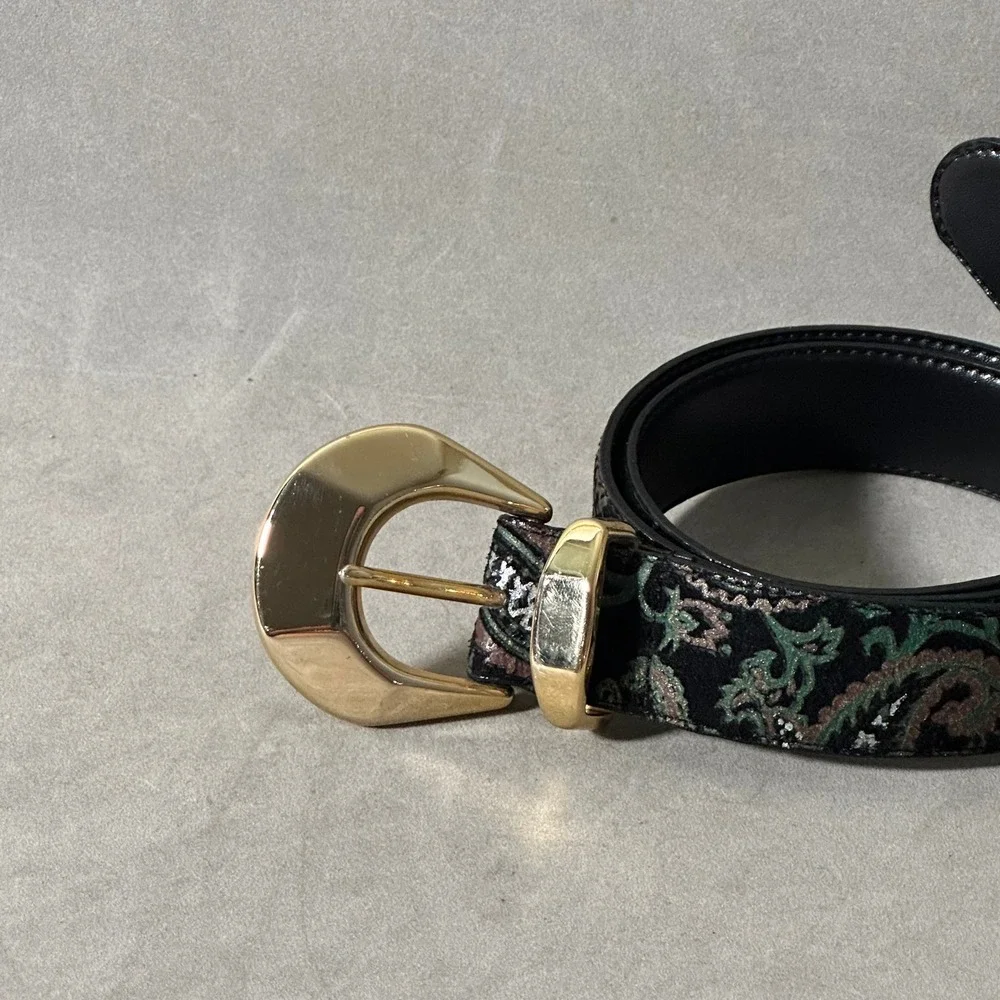 Doncaster Vintage Paisley Velvet Belt Gold Tone Buckle Black Green Mauve‎ Size M